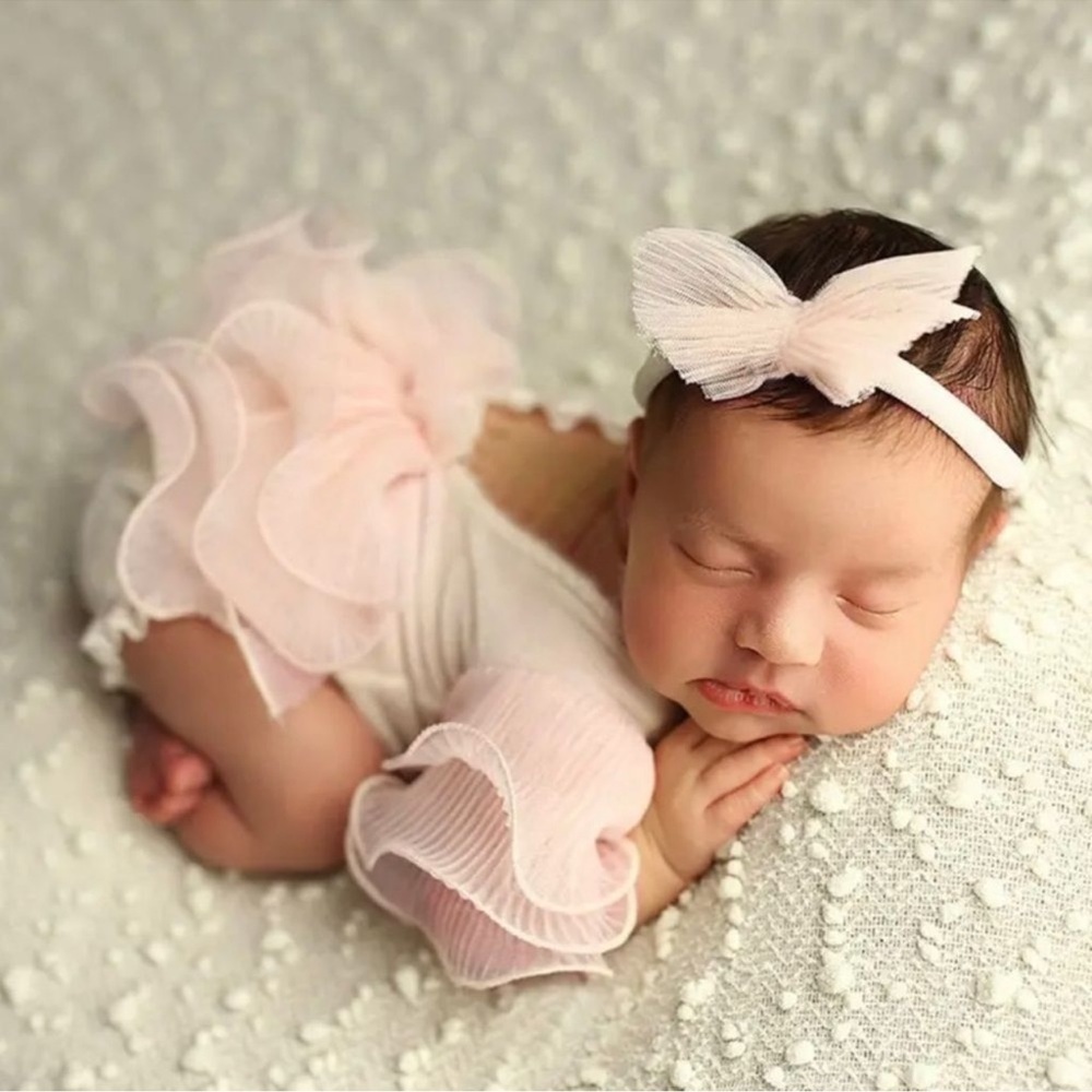 Newborn Photography Lace Romper Bow Headband Set Baby Girl Photo Shoot